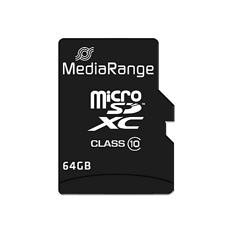 Schwarze microSDXC-Karte mit weißem Schriftzug. Aufschrift: MediaRange, Micro SDXC, 64GB, Class 10.