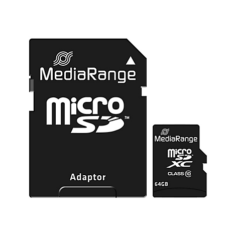 Schwarze SD-Karte mit Adapter und Micro-SD-Karte daneben. Aufschrift: MediaRange, MicroSD, 64GB.