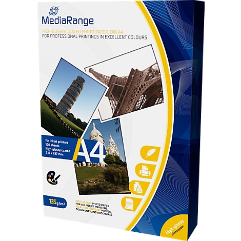 Verpackung Fotopapier mit Fotos von Sehenswürdigkeiten wie dem Schiefen Turm von Pisa und dem Eiffelturm. Text: MediaRange, A4, 135g/m².