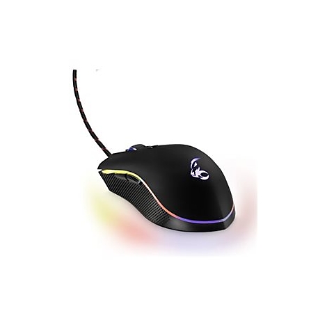 Schwarze Gaming-Maus mit RGB-Beleuchtung und geflochtenem Kabel vor weißem Hintergrund.