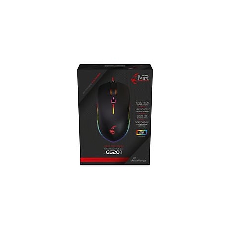 Produktverpackung der MediaRange GS201 Gaming-Maus mit Produktabbildung und technischen Spezifikationen.