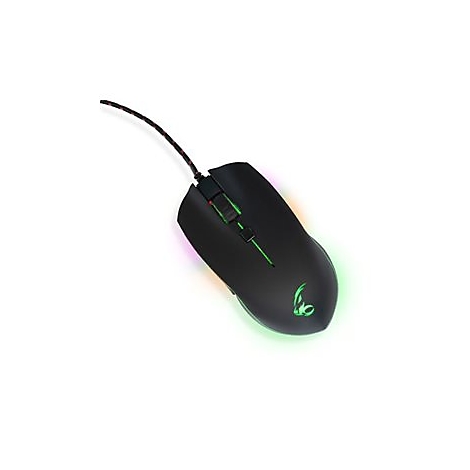 Schwarze Gaming-Maus mit grün leuchtendem Logo und Kabel auf weißem Hintergrund.