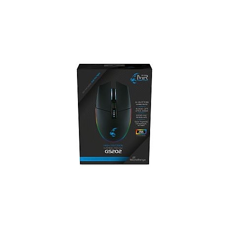 Produktverpackung der schwarzen MediaRange Gaming-Maus GS202 mit RGB-Beleuchtung und technischer Ausstattung.