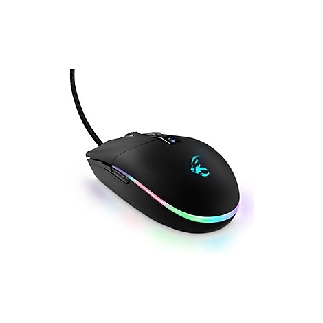 Schwarze Gaming-Maus mit RGB-Beleuchtung und Kabel vor weißem Hintergrund.