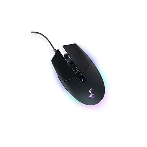 Schwarze Gaming-Maus mit RGB-Beleuchtung und Kabel vor weißem Hintergrund.