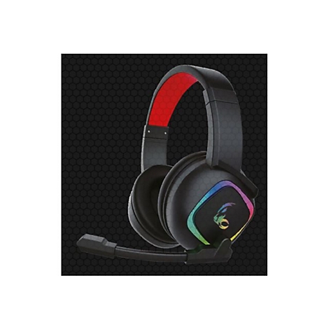 Schwarzes Gaming-Headset mit rotem Kopfband und leuchtenden RGB-Akzenten auf schwarzem Wabenmuster-Hintergrund.
