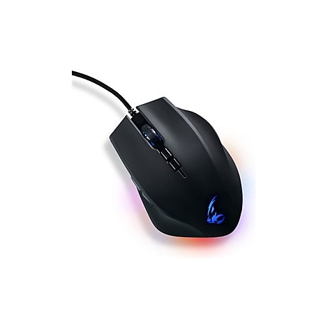 Schwarze Gaming-Maus mit blau beleuchtetem Logo und Kabel vor weißem Hintergrund.