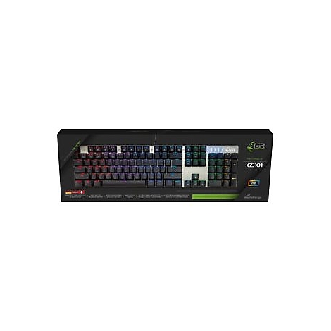 Gaming-Tastatur GS101 mit RGB-Beleuchtung in ihrer schwarzen Verkaufsverpackung.