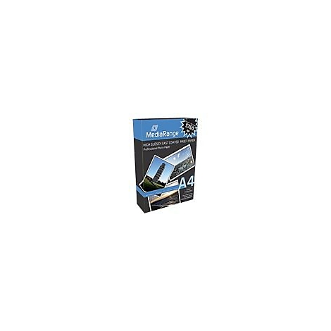 Verpackung von MediaRange A4 Fotopapier, hochglänzend, mit Abbildungen vom Schiefen Turm von Pisa und Landschaft.