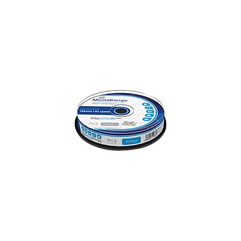 Stapel von Blu-ray-Discs in einer schwarzen Plastikhalterung. Die Oberseite zeigt einen blauen Aufkleber mit weiÃŸem Text, darunter die Marke 'MediaRange'.