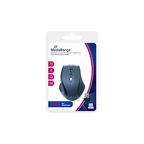 Drahtlose Maus auf Verpackung, Marke MediaRange. AuflÃ¶sung: 1600 dpi.