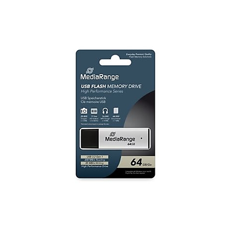 USB-Stick mit Verpackung. Silbernes Speichermedium mit schwarzem Stecker, 64 GB. Verpackung mit Produktinformationen.