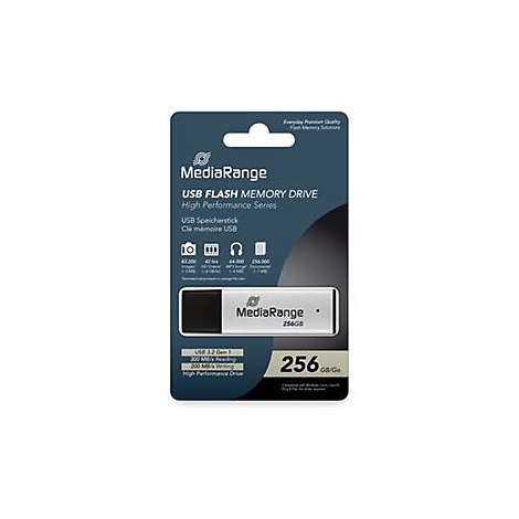 Eine USB-Flash-Speicher-Karte von MediaRange, verpackt. Die Karte ist silberfarben und hat eine Kapazität von 256 GB. Die Verpackung ist dunkelblau und zeigt Produktinformationen.