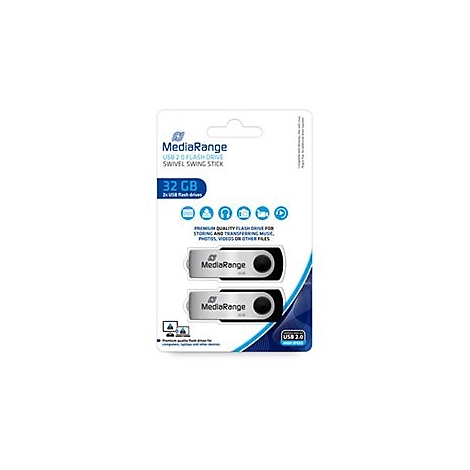 Zwei USB-Sticks in Verpackung. Silberfarbene Sticks, schwarz-drehbar, 32 GB. Text: MediaRange, USB 2.0.