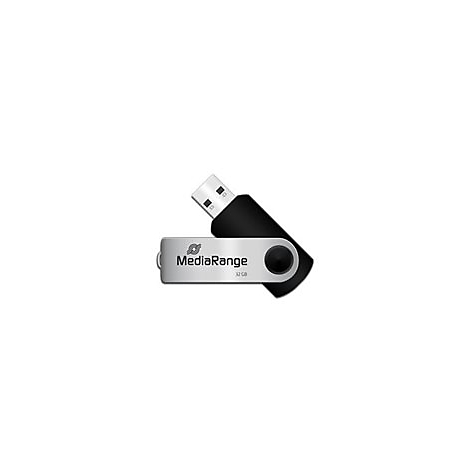 Ein silberner und schwarzer USB-Stick mit dem Schriftzug "MediaRange 32 GB".