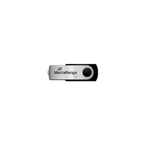 Silberner USB-Stick von MediaRange mit 32 GB Speicherkapazität. Der Stick hat eine schwarze Kappe und eine Öse.