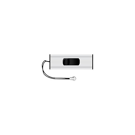 Clé USB argentée avec bouton noir et boucle noire.
