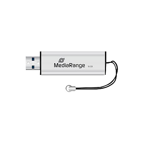 Clé USB argentée avec lanière noire. On peut lire MediaRange 16 Go.