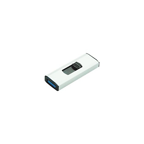Clé USB argentée avec curseur noir, interface USB bleue.