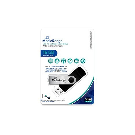 Verpackung einer MediaRange USB 2.0 Combo Flash Drive mit Micro-USB-Stecker. Der USB-Stick hat 16 GB Speicher.