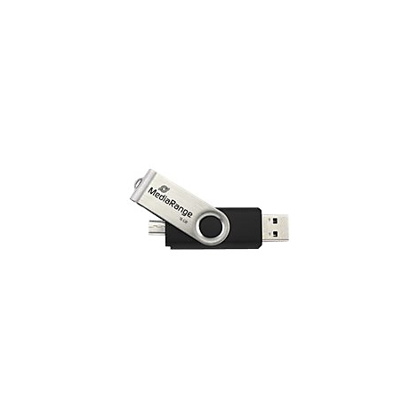 MediaRange USB-Stick mit schwarzem Gehäuse, silberner Schwenkhalterung und USB- sowie Micro-USB-Anschluss.