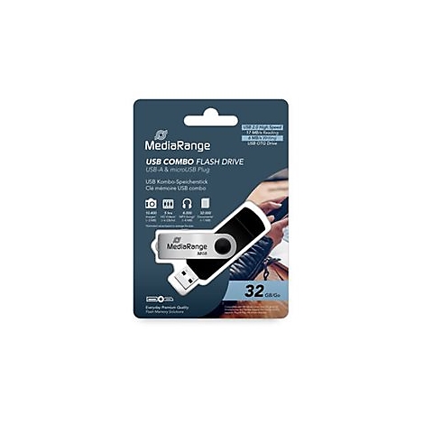 MediaRange USB-Combo-Flash-Drive, 32 GB, in Blisterverpackung mit Abbildung des Sticks.