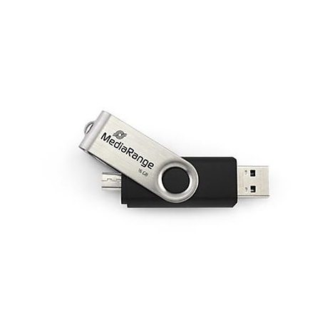 MediaRange 16GB USB-Stick mit schwenkbarem silbernem Metallbügel vor weißem Hintergrund.