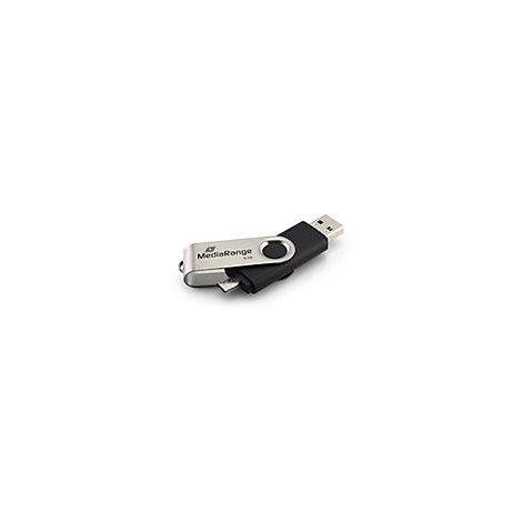Schwarzer USB-Stick mit schwenkbarer, silberner Metallkappe mit MediaRange-Logo auf weißem Hintergrund.