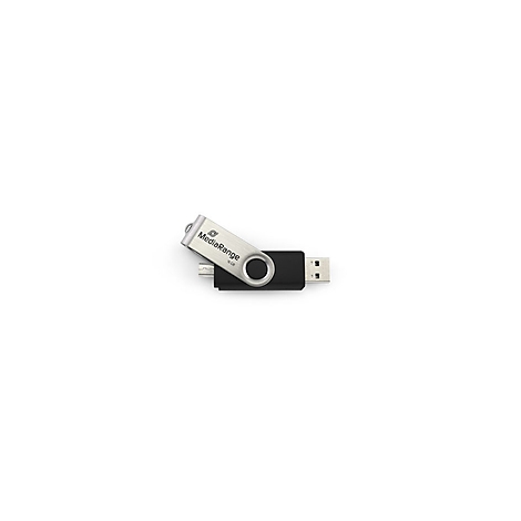 Ein schwarzer USB-Stick mit silbernem Drehverschluss. Auf dem Verschluss steht MediaRange.