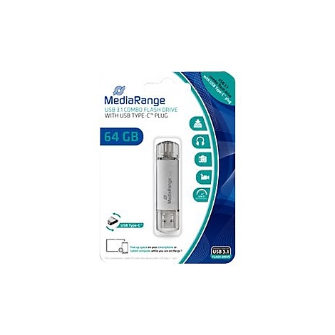 Clé USB argentée de 64 Go dans un emballage blister. Inscriptions : MediaRange, USB 3.1 Combo Flash Drive, avec fiche USB Type-C.