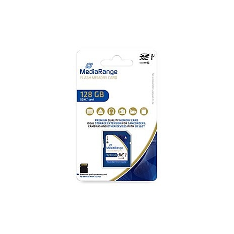 MediaRange 128GB SDXC Speicherkarte in Originalverpackung auf weißem Hintergrund.