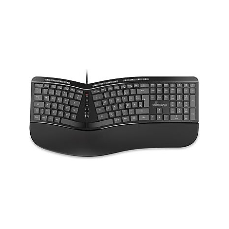 Schwarze, ergonomisch geschwungene Tastatur mit Handballenauflage vor weißem Hintergrund.
