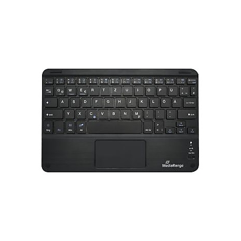 Drahtlose schwarze Tastatur mit Touchpad. Das Layout ist deutsch. Auf der Unterseite ist der Schriftzug MediaRange zu sehen.