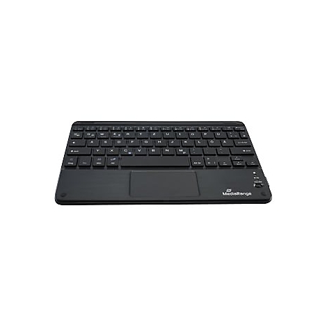Schwarze Tastatur mit Touchpad. Das Produkt trägt den Markennamen MediaRange.