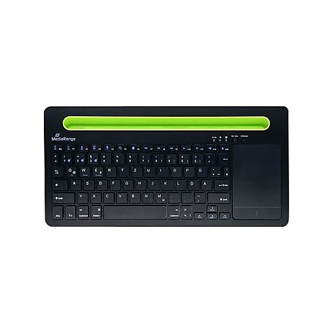 Schwarze Tastatur mit grüner Leiste und Touchpad. Die Tasten sind weiß beschriftet.