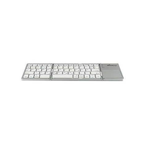Flache, silberne, faltbare Bluetooth-Tastatur mit integriertem Touchpad und weißen Tasten auf weißem Grund.