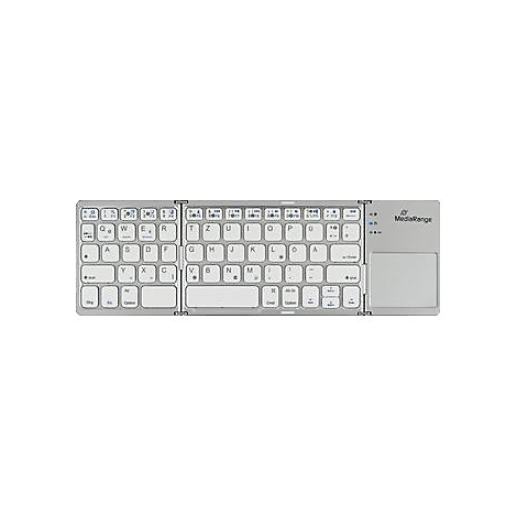 Silberne, faltbare Bluetooth-Tastatur mit deutschem QWERTZ-Layout und integriertem Touchpad rechts.