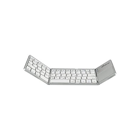 Silberne faltbare Bluetooth-Tastatur mit weißem Tastenlayout vor neutralem weißem Hintergrund.