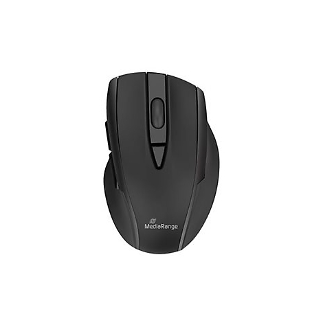 Schwarze, ergonomisch geformte kabellose MediaRange-Computermaus vor weißem Hintergrund.