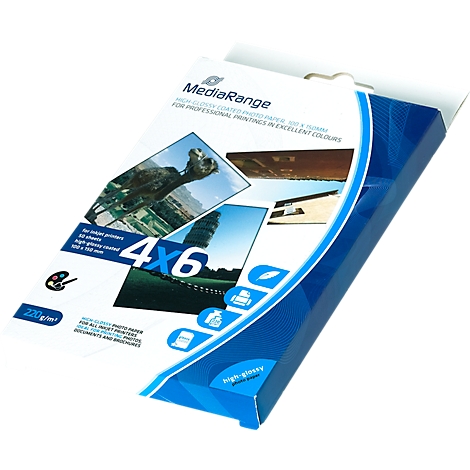 Box of photo paper with 4x6 print, brand name, logos and photos. Blue and white design, glossy.
