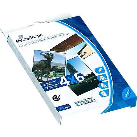 A pack of 4x6 photo paper from the brand MediaRange. Prints: 50 sheets, high-gloss, 220 g/m².