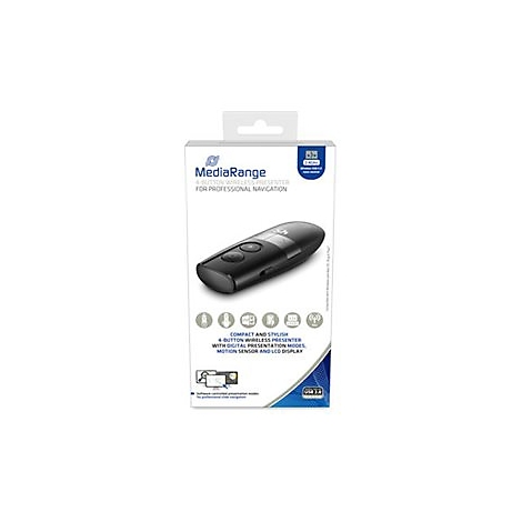 Schwarzer Präsentations-Controller in Verpackung. Aufdruck: MediaRange, 4-Tasten, drahtlos. Mit LCD-Display.