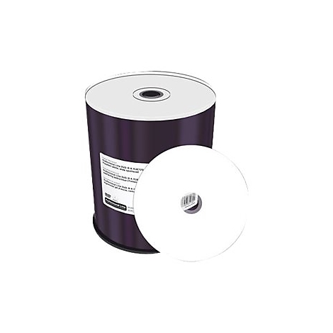 Ein Stapel DVD-Rohlinge, mit einer einzelnen DVD daneben. Beide sind weiß und haben ein Loch in der Mitte.