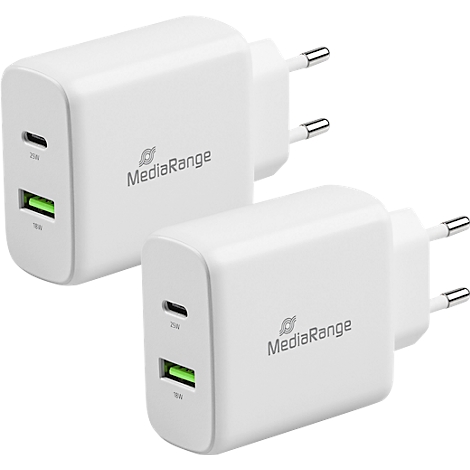 MediaRange Quick Charge Adaptateur de charge rapide 43 W, prise européenne, 1x USB-C et 1x USB-A, blanc