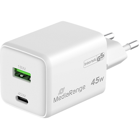 Adaptateur secteur blanc avec ports USB-C et USB-A. Des logos et des puissances nominales sont imprimés dessus.