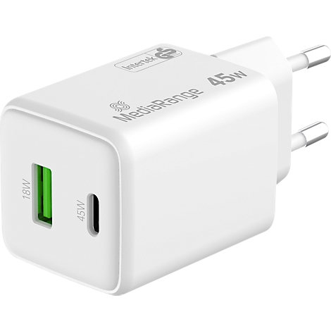 Chargeur blanc avec prise USB verte, port type-C noir et impression 'MediaRange 45W'.