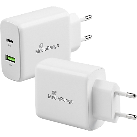 MediaRange Quick Charge Schnellladeadapter 43 W, Eurostecker, 1x USB-C und 1x USB-A, weiß