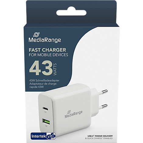 MediaRange Quick Charge Schnellladeadapter 43 W, Eurostecker, 1x USB-C und 1x USB-A, weiß