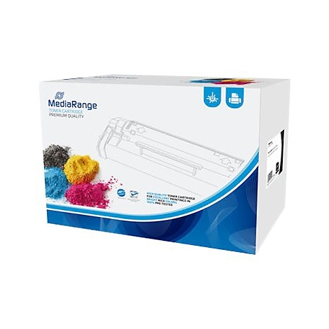 Eine weiße Druckerpatronen-Box, mit dem Logo von MediaRange, daneben farbige Pulver und Schriftzüge.