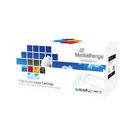 Weiße Box mit Logo MediaRange, Aufschrift High Quality Laser Cartridge. Farben, Muster und Schriftzüge in Blau, Gelb, Pink und Schwarz.